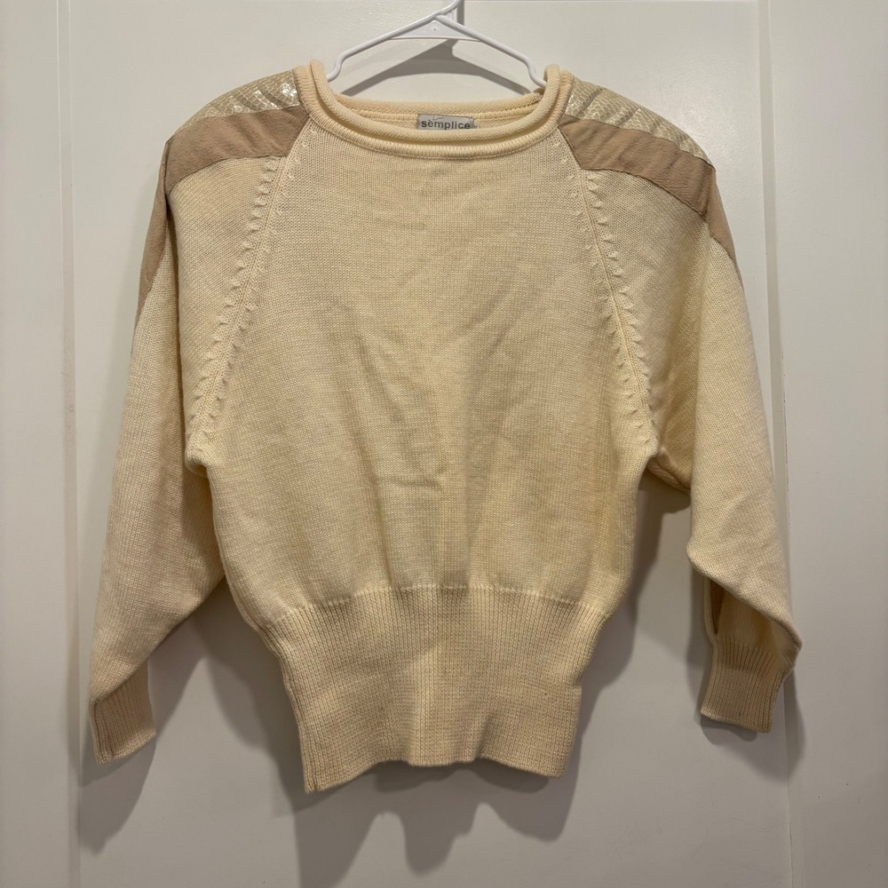 Semplice Vintage Wool Leather Snakeskin Patch Sweater Cream Ivory Womens M